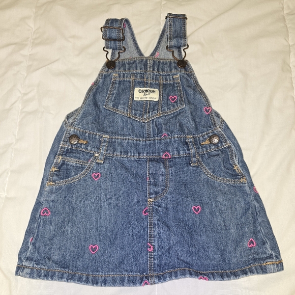 Oshkosh B'gosh Overalls Dress Denim With Pink Hearts Girls Size 24 Months - Picture 1 of 3
